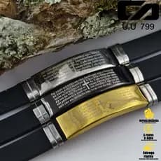Pulseira Masculina Ajustável Pai Nosso: Elegância em Borracha Resistente, Cor Preto Intenso