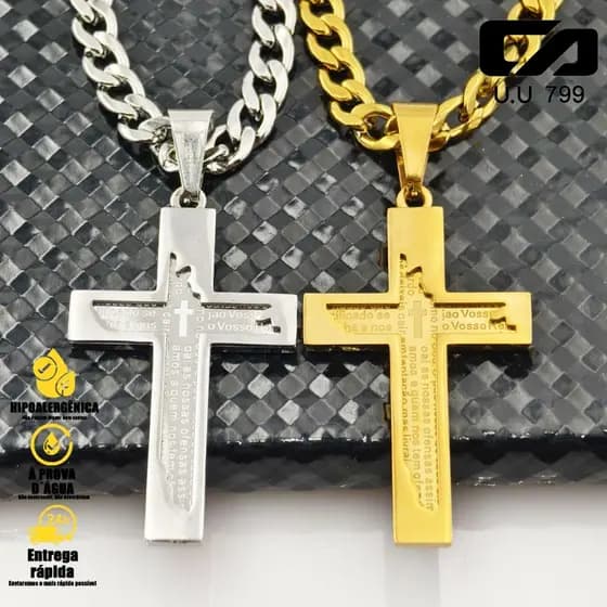Colares Masculinos de Ouro e Prata: Corrente Grossa com Cruz e Pingente de Pai Nosso, Aço Inoxidável