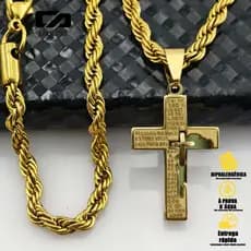 Colar masculino + pulseira masculina pingente cruz orando ao nosso pai corda de aço inoxidável