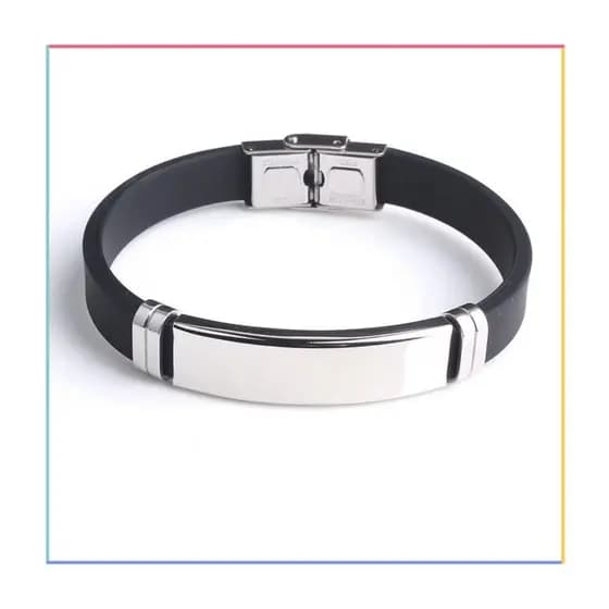 Pulseira de Identificação com Placa de Aço Inox - Estilo Masculino, Silicone Preto e Dourado