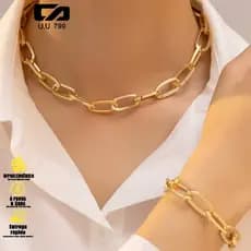 Conjunto Minimalista Feminino – Colar e Pulseira com Corrente Retangular em Ouro 18K