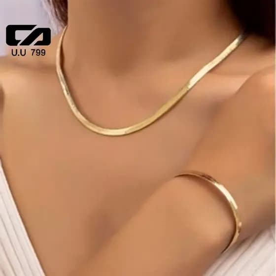 Joias Femininas: Colar Osso de Cobra e Pulseira Corrente - Conjunto Banhado a Ouro 18K