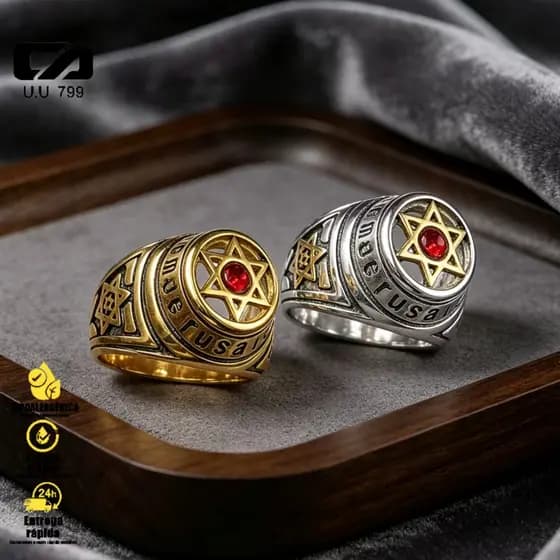 Anel de Aço Titânio Dourado com Estrela de Davi e Pedra Vermelha Design Vintage Masculino