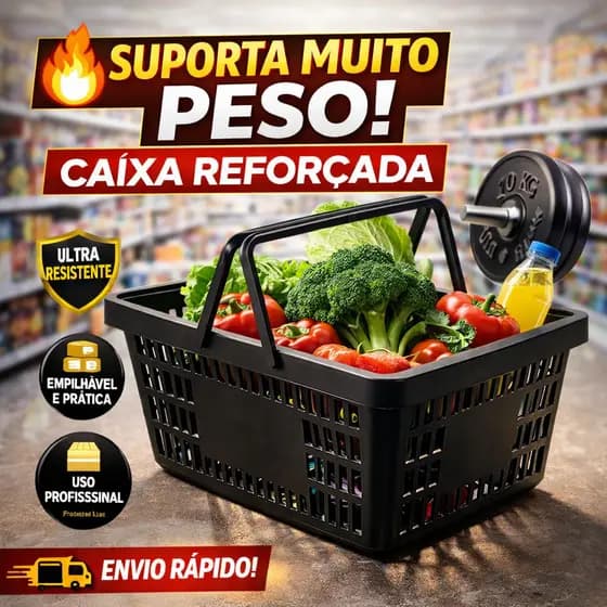 Cesta Plástica Preta Multiuso Reforçada Caixa Organizadora Supermercado Resistente Vazada Prática