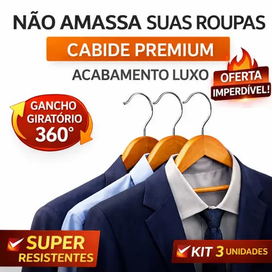 ✨CABIDE MADEIRA KIT 3 UNIDADES PREMIUM RESISTENTE GANCHO 360° ROUPAS TERNO CAMISA CLOSET NÃO DEFORMA PRESENTE 🎁