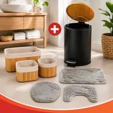 Kit Banheiro Organização Lixeira bambu 5l + 3 Peças tapete veludo + Conjunto 4 Cestos em bambu