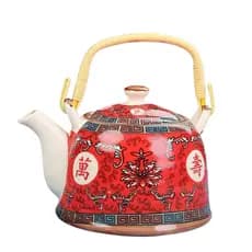 Chaleira de Cerâmica 800ML com Flores c/Infusor de Inox Bule para Chá Café Estampado Alça de Bambu