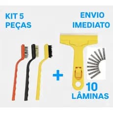 Kit 5 Itens 3 Escova de Aço Para Limpeza Forno Grelha Fogão Aço Latão Nylon + Raspador 10 Lâminas Limpa Box Piso Vidro