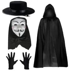 Kit V de Vingança Completo Chapéu Capa Preta E Máscara V de Vingança C/ Capuz Luvas Halloween Fantasia Terror, Carnaval