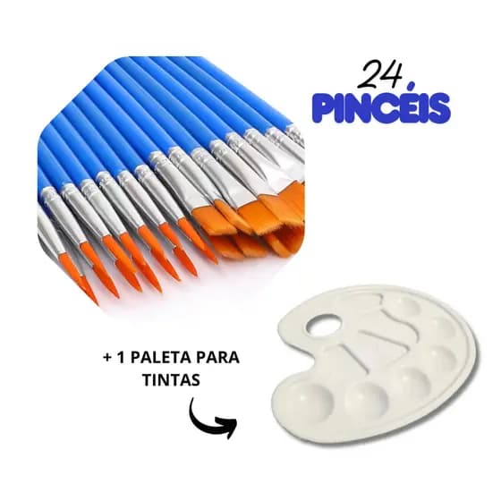 Kit Profissional de Pincéis para Pintura e Artesanato com 24 Unidades + Paleta de Pintura