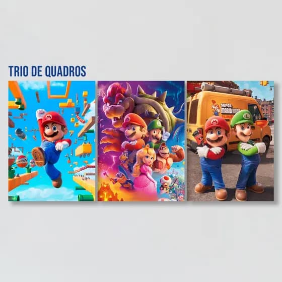 Trio de quadros decorativos infantis Mario, Luigi, Princesa Peach | MDF | Sublime Fantasia