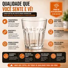 Kit 6 Copos de Vidro  De 350ml Transparente  Ideal Para Vitamina e Outras Bebidas