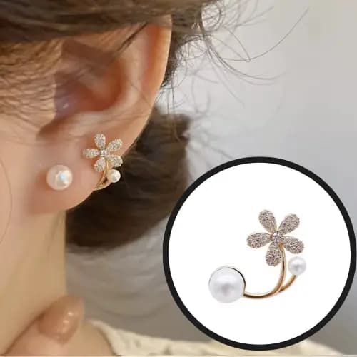 BRINCO FLOR PÉROLA STRASS COREANO PÉTALA DE OURO ZIRCONIA COREANO