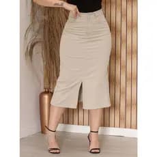 Saia Lápis Sarja Jeans Midi Com Fenda Areia Marrom Modéstia Igreja Culto