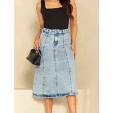 Saia Midi Jeans Evasê Rodada Sarja Modesta Culto Igreja Escritório