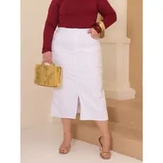 Saia Midi Jeans Plus Size Sarja Branca Com Fenda Modesta Cristã Culto Modéstia