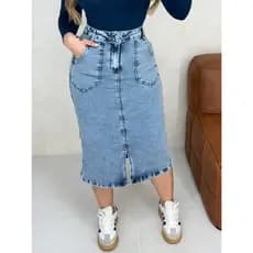 Saia Midi Jeans Sarja Com Lycra Bege Marrom Igreja Modesta Culto