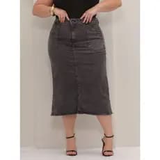 Saia Midi Jeans Com Lycra Plus Size Com Fenda Modesta Culto Congresso