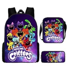 Mochila 3D com Estampa de Jogo Novo, Tema Horror Poppy Smiling Critters, Conjunto de Três Peças