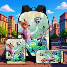 Nova Mochila Impressa Zootopia 2, Conjunto de Três Peças para Meninos e Meninas, Mochila Leve e Simples para Alunos do E