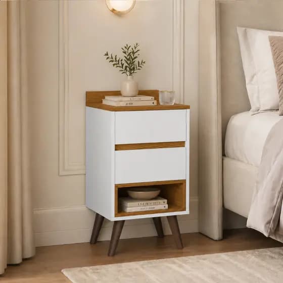 Mesa de Cabeceira Madri 2 Gavetas com Nicho Pés Palito Luxo para Quarto Cama Moderno