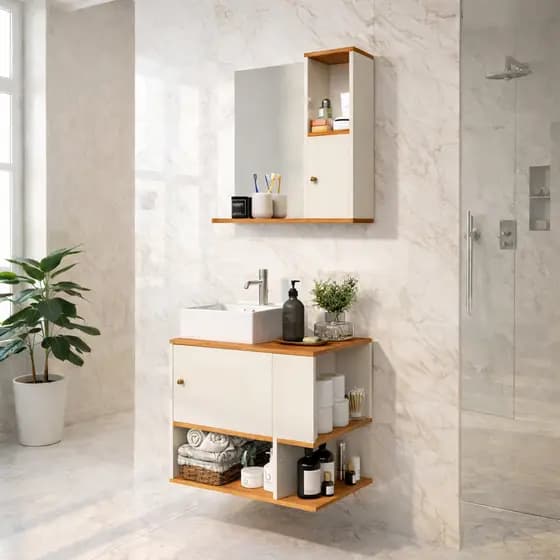 Kit Gabinete Armário com Espelheira para Banheiro Compacto Moderno Portas e Nichos Luxo
