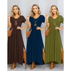 Vestido Longo Feminino gola V com Bolso lateral e fendas tecido Viscolycra Premium