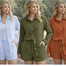 Conjunto Feminino Duna Premium Oscar Modas Camisa Manga Longa Botões + Short com Amarração Elástico na Cintura
