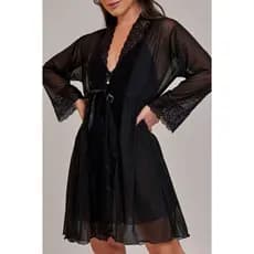 Robe tule detalhes em renda linha noite moda intima feminina manga longa