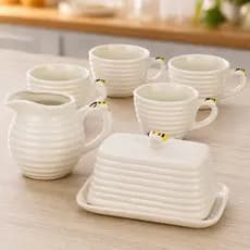 Kit Mesa Posta Café da Manhã Manteigueira Porcelana Bee Abelha Cremeira Molheira Jogo de 4 Xícaras