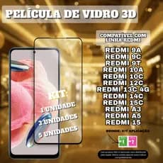 Kit Película De Vidro 3D Compatível com Xiaomi Redmi 9A 9C 10A 10C 13C 15 15C A3 A5 15