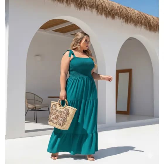 Vestido longo moda plus size corpo de lastex com alças soltinho rodado básico verão elegante e confortável