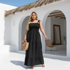 Vestido longo plus size alças de amarrar corpo lastex modelo três marias soltinho verão