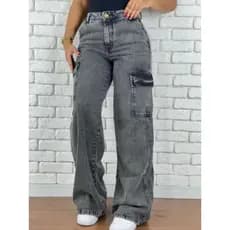 Calça Cargo Wide Leg Jeans feminina Grafite Super tendencia Larga Bolso Na Lateral Cintura Alta