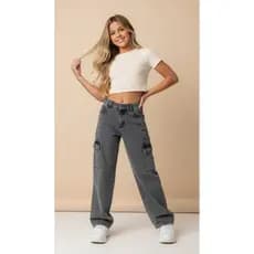 Calça Cargo Infantil Juvenil Jeans feminina Grafite Super tendencia Larga Bolso Na Lateral Alta