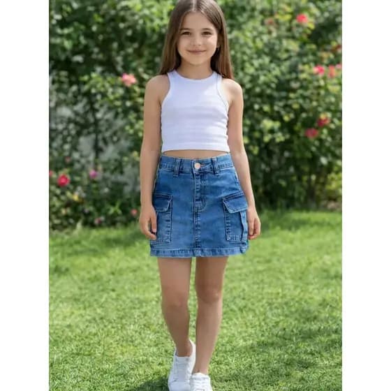 Saia Cargo Juvenil Infantil Jeans Curta Feminina Com Bolso Lateral Lycra Menina