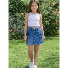 Saia Cargo Juvenil Infantil Jeans Curta Feminina Com Bolso Lateral Lycra Menina