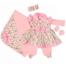 Saída Maternidade Bebê Menina 5 Peças Vestido Estampado Rosa e Vermelho