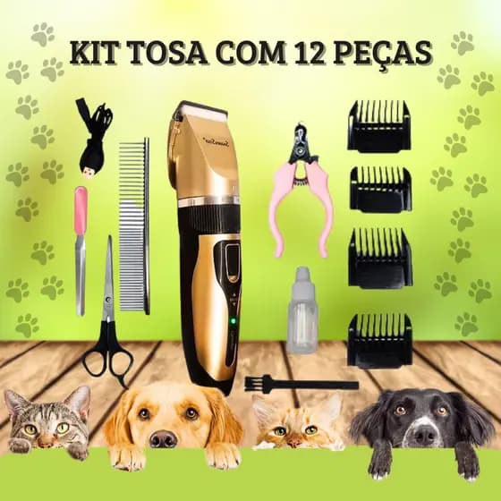 Kit Máquina Para Tosar Pet + Cortador de Unha + Pente + Lixa Máquina Para Cachorro 12 peças