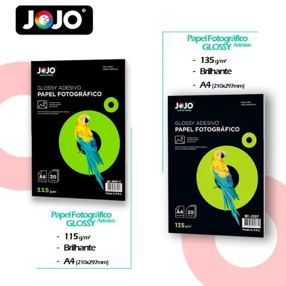 Kit Papéis Fotográficos Glossy ADESIVO 115g 100 Folhas + Glossy ADESIVO 135g 100 Folhas para tinta à Jato JOJO PAPER