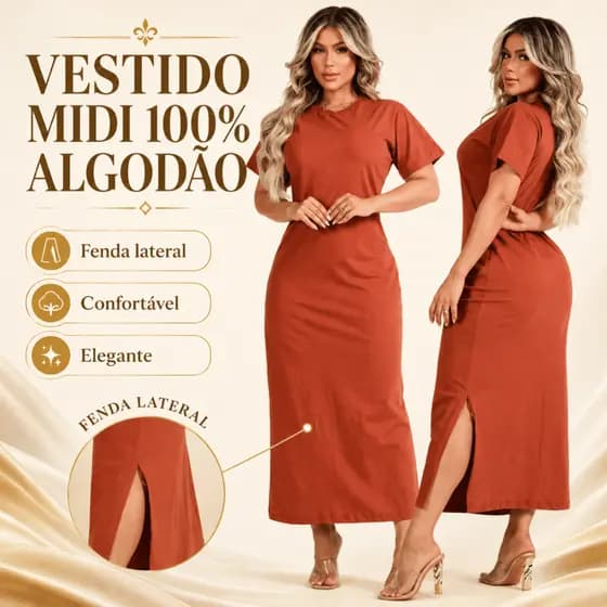 Vestido Feminino Fenda Lateral 100% Algodão Moda Básica Casual Elegante 38 ao 46 Midi Social Oferta