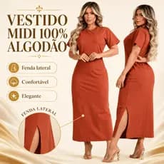 Vestido Feminino Fenda Lateral 100% Algodão Moda Básica Casual Elegante 38 ao 46 Midi Social Oferta