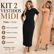 Kit 2 Vestido Midi Feminino Manga Curta e Fenda Camisetão Confortável Soltinho Moda Comfy