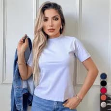 Camiseta Gola Alta Feminina Blusinha Manga Curta Elegante 100% Algodão T-shirt Modinha Inspiração