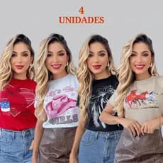 Kit 4 Blusas tshirt feminina moda country algodão camisetas