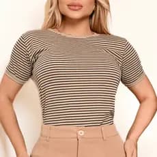 Blusa Camiseta Feminina Listrada Básica 100% Algodão Confortável T-shirt Premium Moda Verão Promoção