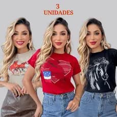 Kit 3 Blusas tshirt feminina moda country algodão camisetas confort