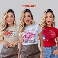 Kit 3 Blusas tshirt feminina moda country algodão camisetas premium