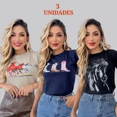 Kit 3 Blusas tshirt feminina moda country algodão camisetas premium