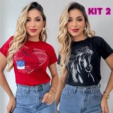 Kit 2 Blusas T-shirt Feminina Moda Country 100% Algodão Camisetas Premium Rodeio Peão